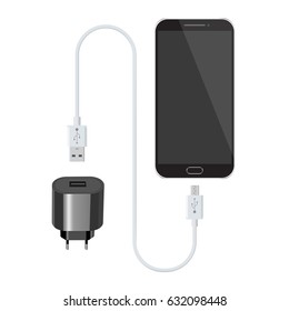 Black smartphone with USB charger. Vector illustration