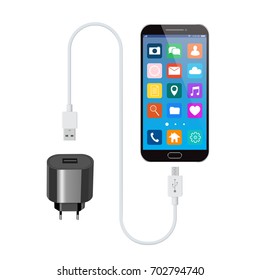 Black smartphone with USB charger. Vector illustration