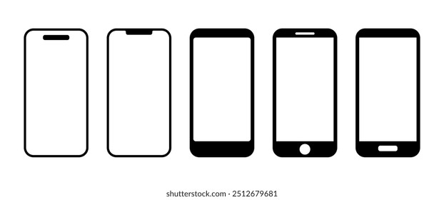 Schwarze Smartphone-Vektorsymbole, Einzeltelefon, Mobile-Mockup-Symbol, Gerätegrafikelemente, Modernes Minimum für Anwendung, Website und Präsentation, transparente Illustration (bearbeitbar)
