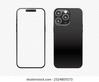 Black smartphone vector mockups. Front and back sides isolated on transparent background. 