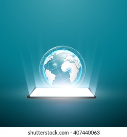 Black smartphone with white screen. Planet earth on the screen. 