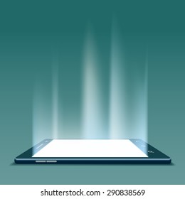 Black smartphone with white screen. Three-dimensional image. Rays of light from the screen. Stock Vector.