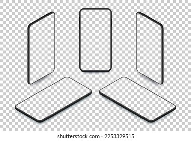 Black smartphones with empty screen mockup on transparent background set. Realistic mobile phone isometric template. Vector black device with shadow mock up. Phone frame mockup design