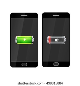 Black smartphones with full and empty glossy battery icons, isolated on white