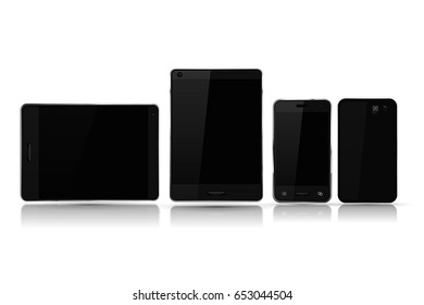Black smartphones and tablets mock up. Vector 3d illustration isolated on white background