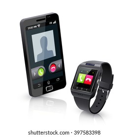 Black smartwatch alerts for compatible smart phone incoming call realistic objects composition with white background vector illustration 