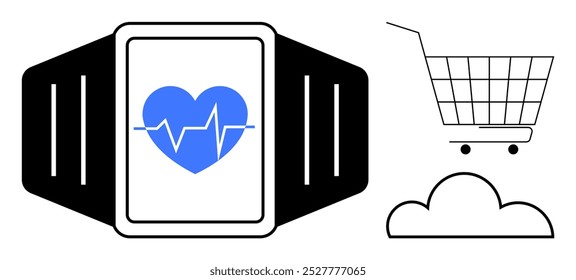 Black smartwatch with a blue heart and heartbeat line on the screen. Next to the watch are a shopping cart and a cloud silhouette, implying connectivity and online shopping. Ideal for technology