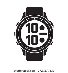 Black smartwatch with digital display on white background