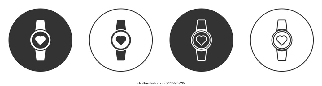 Black Smartwatch icon isolated on white background. Circle button. Vector