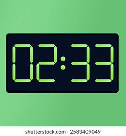 Black smartwatch interface displaying 02:33 vector on a green background. digital alarm clock