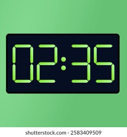 Black smartwatch interface displaying 02:35 vector on a green background.. digital clock on green