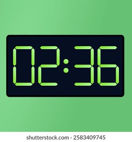 Black smartwatch interface displaying 02:36 vector on a green background. Digital alarm