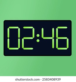 Black smartwatch interface displaying 02:46 vector on a green background. digital alarm clock