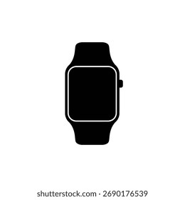Eine schwarze Smartwatch mit einem abgerundeten quadratischen Bildschirm und einem Band wird auf weißem Hintergrund angezeigt.
