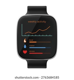 A black smartwatch screen with a weekly activity interface, including a graph of calories, water, and a stress indicator. Electronic device for monitoring. Gadget, technology. Vector. Icon. Realism.