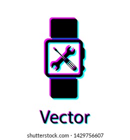 Black Smartwatch with screwdriver and wrench icon isolated on white background.  