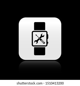 Black Smartwatch with screwdriver and wrench icon isolated on black background. Adjusting, service, setting, maintenance, repair, fixing. Silver square button. Vector Illustration