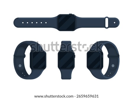 Black smartwatch set in top, front and perspective views. Wearable technology, fitness tracker, gadget concept. Flat vector illustration isolated on white background