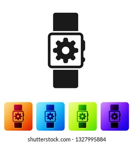Black Smartwatch setting icon isolated on white background. Smart watch settings. Set icon in color square buttons. Vector Illustration