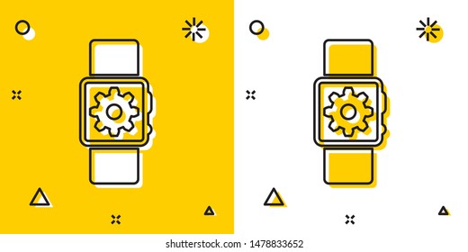 Black Smartwatch setting icon isolated on yellow and white background. Smart watch settings. Random dynamic shapes. Vector Illustration