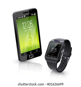 Black smartwatch with smart phone realistic objects composition with white background vector illustration 