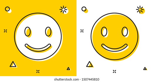 Black Smile face icon isolated on yellow and white background. Smiling emoticon. Happy smiley chat symbol. Random dynamic shapes. Vector Illustration