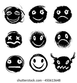 black smileys. Grungy black face. Minimalist cartoon characters