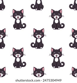 Black smiling cartoon cats on white background. Vector seamless pattern. 