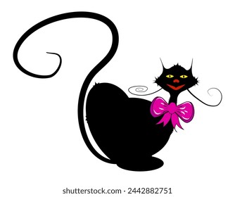 Black smiling cat with a pink bow