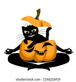 Black smiling cat and pumpkin in the lotus position.