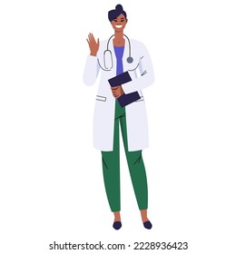 Black smiling female doctor makes a welcome gesture. Doctor with stethoscope and in white coat isolated on white. A full-length character is holding a clipboard. Flat style, vector.