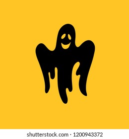 Black smiling ghost on orange background. Vector handdrawn illustration.