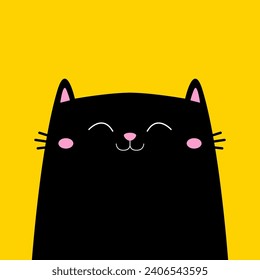 Black smiling happy cat kitten kitty icon. Pink cheeks. Cute cartoon kawaii funny character. Happy Valentines Day. Greeting card, tshirt, sticker print template. Yellow background. Flat design. Vector