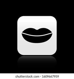 Black Smiling lips icon isolated on black background. Smile symbol. Silver square button. Vector Illustration