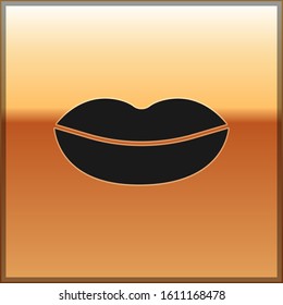 Black Smiling lips icon isolated on gold background. Smile symbol.  Vector Illustration