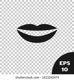 Black Smiling lips icon isolated on transparent background. Smile symbol.  Vector Illustration