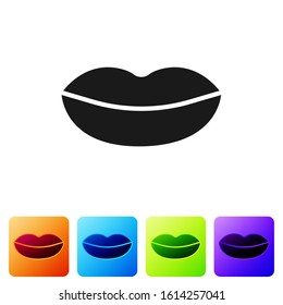 Black Smiling lips icon isolated on white background. Smile symbol. Set icons in color square buttons. Vector Illustration