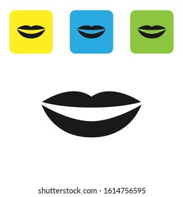 Black Smiling lips icon isolated on white background. Smile symbol. Set icons colorful square buttons. Vector Illustration
