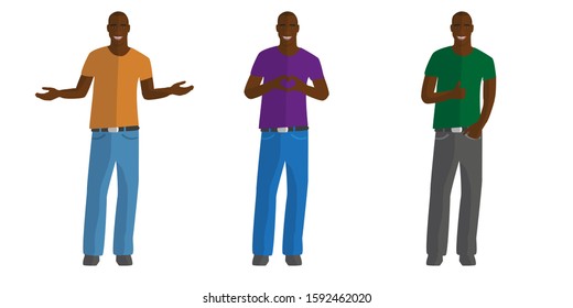 Black smiling man in three poses: hands to sides, heart, likes