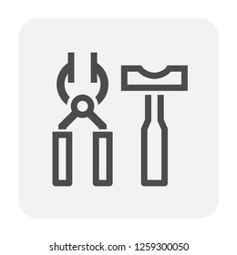 Black smith tong and hammer icon. That is hand tool for metalwork. Tong used to grip and lift object instead of holding them. Hammer use to impact at small area. For forging and welding work.