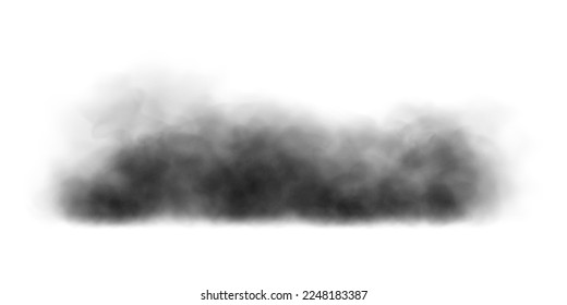 Black smoke cloud, dirty toxic fog or smog. Black fume texture isolated on white background. Vector realistic illustration of dark  smoky