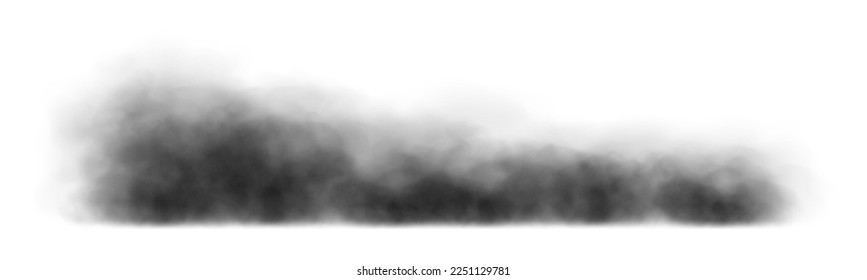 Black smoke cloud, dirty toxic fog or smog. Black fume texture isolated on white background. Vector realistic illustration of dark  smoky