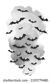 Black smoke cloud with black flying bats. Scary halloween vector background element