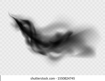 Black smoke cloud isolated on transparent background. Black cloudiness or smog. Realistic dark vector effect.