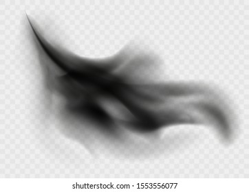 Black smoke cloud isolated on transparent background. Black cloudiness or smog. Realistic dark vector effect.