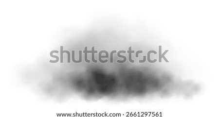 Black smoke cloud isolated on white background. Dark realistic fog cloud with soft edges and transparent texture. Vector illustration for explosion, pollution, or dramatic effect themes.