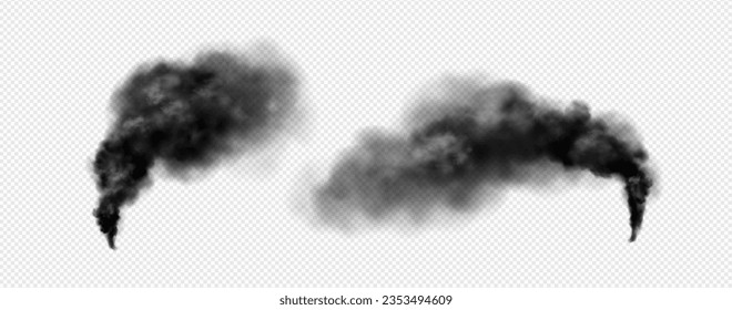 Black smoke cloud realistic vector illustration. Dark haze pillar from explosion or fire burning, or action of magical power. Dense smog or fog with overlay effect on transparent background.