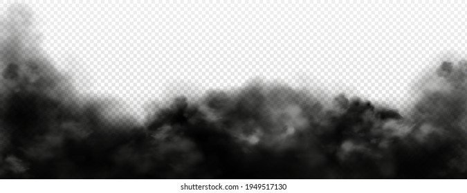 Black smoke clouds, dirty toxic fog or smog. Vector realistic illustration of dark steam, smoky mist from fire, explosion, burning carbon or coal. Black fume texture isolated on transparent background