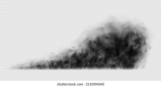 Black smoke clouds, dirty toxic fog or smog. Vector realistic illustration of dark smoky from fire, explosion or burning coal. Black fume texture isolated on transparent background