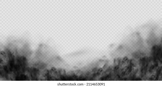 Black smoke clouds, dirty toxic fog or smog. Vector realistic illustration of dark smoky from fire or explosion. Black fume texture isolated on transparent background